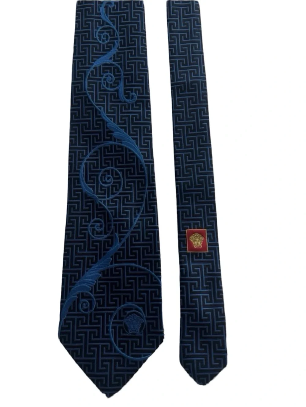 Versace Medusa Silk Tie Blue Black Greca Greek Key Baroque Vintage 59” Italy